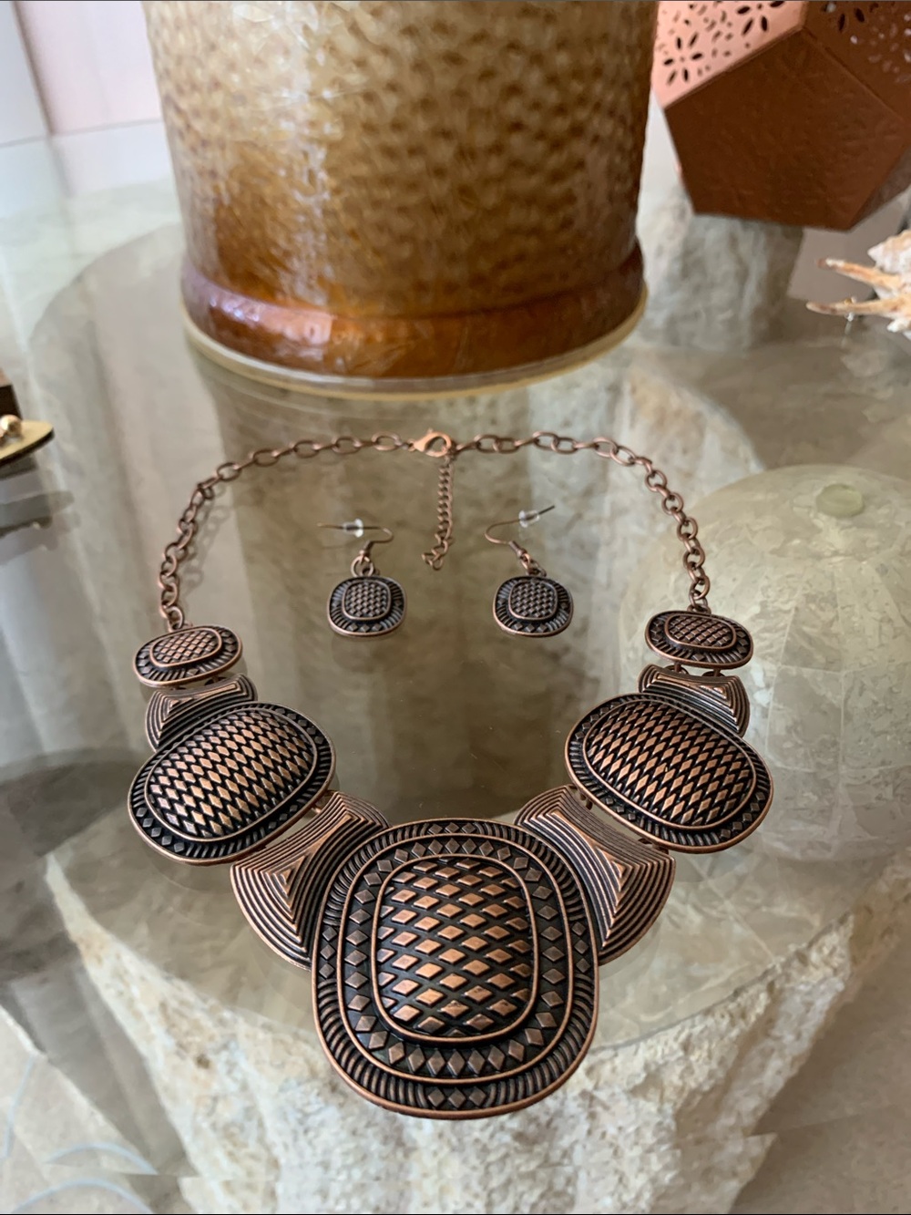 Copper-Tone Statement Necklace & Earrings Set